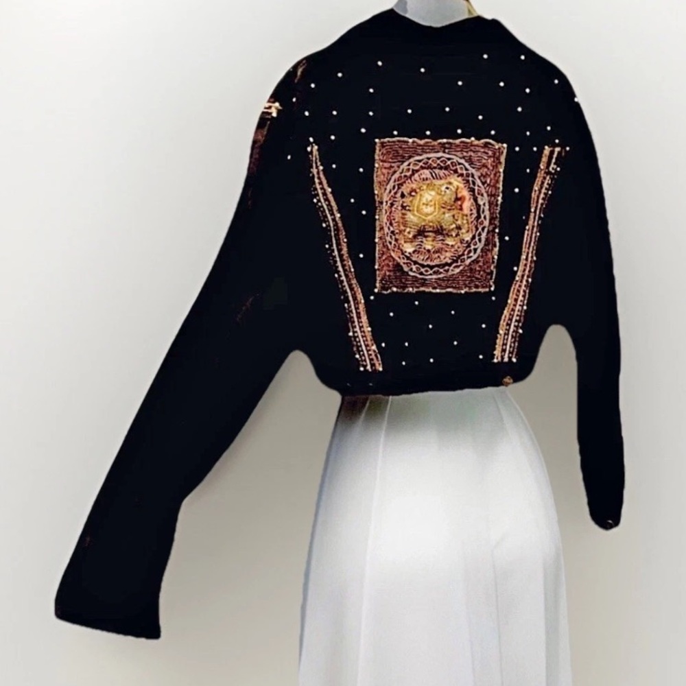 RARE Vintage Crosswalk LA  Gold Studded Black Denim Jacket Medium Embroidered